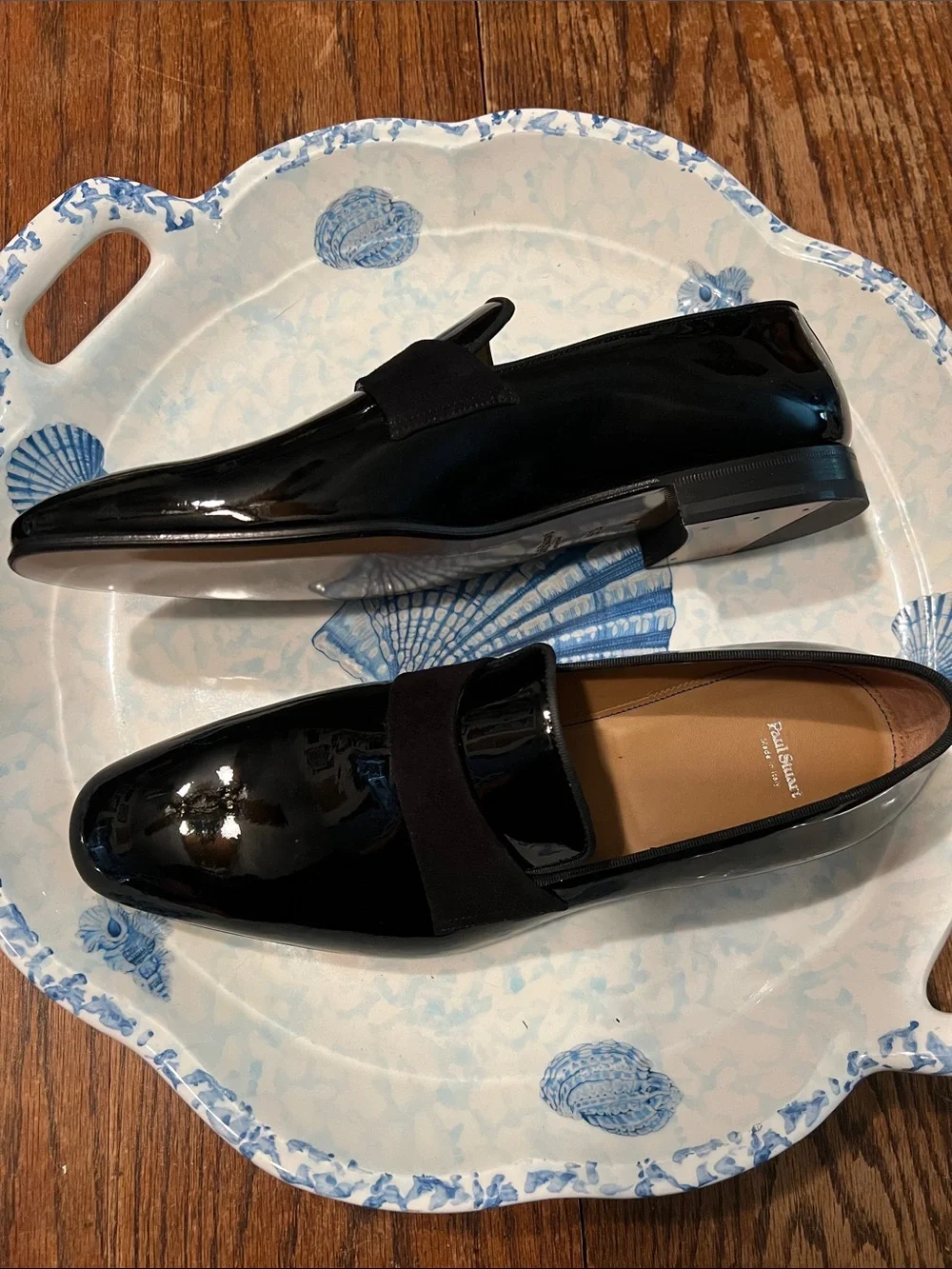Brand New Paul Stuart Heron Formal Black Patent Leather Slip On with Suede Strap